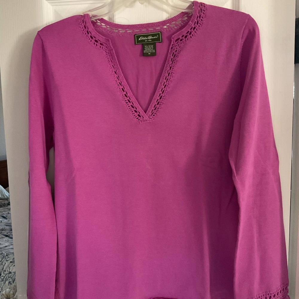 Eddie Bauer Crochet Trim Pink Cotton Sweater.
